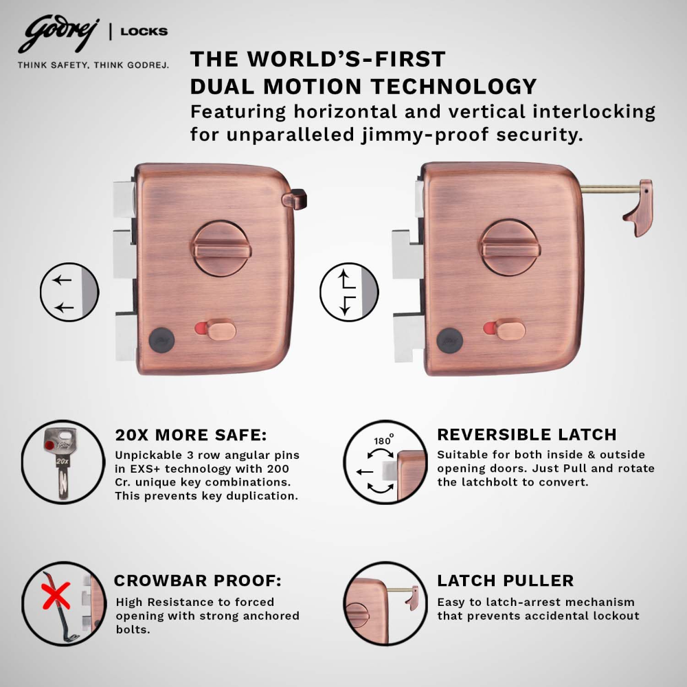 Godrej Rim Lock I Centaur EXS plus   I 1CK Latchbolt I for Inside or Outside Opening Door  and   Left or  Right Handed Doors I 4 Keys I 15 Years Warranty by Godrej I Auto Locking I Antique Copper Finish